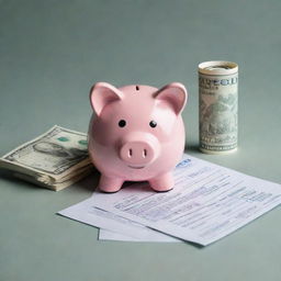 An illustration depicting savings deposit featuring a deposit slip, a piggy bank, and a stack of cash