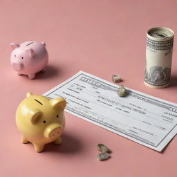 An illustration depicting savings deposit featuring a deposit slip, a piggy bank, and a stack of cash