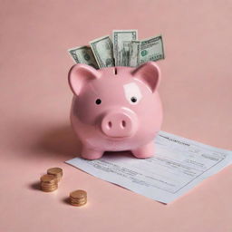 An illustration depicting savings deposit featuring a deposit slip, a piggy bank, and a stack of cash