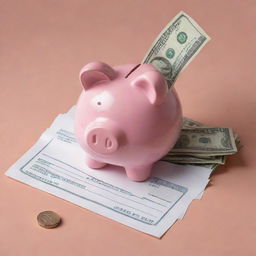 An illustration depicting savings deposit featuring a deposit slip, a piggy bank, and a stack of cash