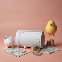 An illustration showing a savings deposit theme with a deposit slip, a piggy bank shaped like a chicken, and stacks of currency