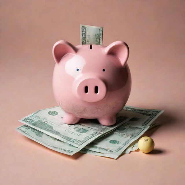 An illustration symbolizing savings deposit featuring a deposit slip, chicken-shaped piggy bank, and a pile of banknotes