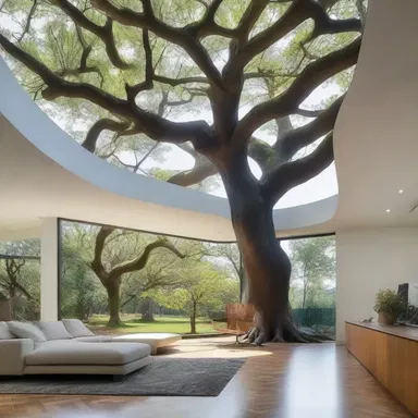 The architect designed a stunning modern house with a glass roof that allowed natural light to shine down onto the root hair of a huge indoor tree.