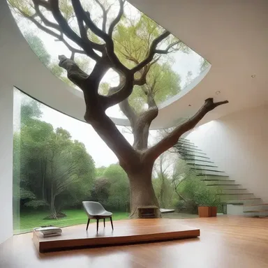 The architect designed a stunning modern house with a glass roof that allowed natural light to shine down onto the root hair of a huge indoor tree.