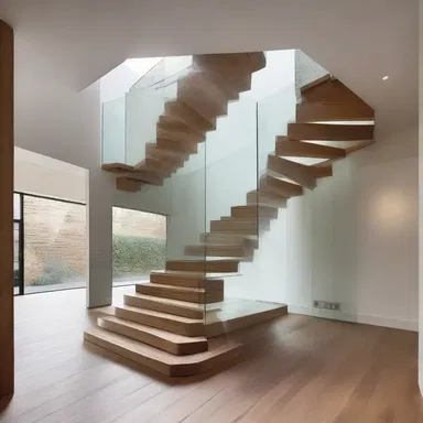The architect designed the staircase with a glass railing so that the beautiful underside of the steps could be seen from below.
