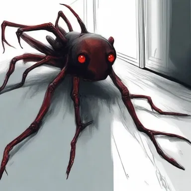 As the protagonist crawled under the bed, she saw a terrifying creature lurking in the dark, its red eyes gleaming from the underside.