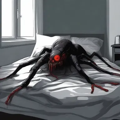 As the protagonist crawled under the bed, she saw a terrifying creature lurking in the dark, its red eyes gleaming from the underside.