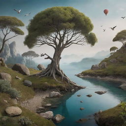 Create an extraordinary and unique interpretation of nature, focusing on surreal elements to differentiate it from typical natural scenes.