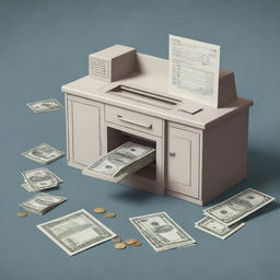 An illustrated depiction of a bank deposit, including elements such as a deposit slip, banknotes, and a bank vault