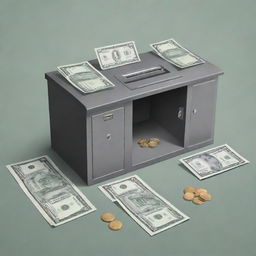 An illustrated depiction of a bank deposit, including elements such as a deposit slip, banknotes, and a bank vault