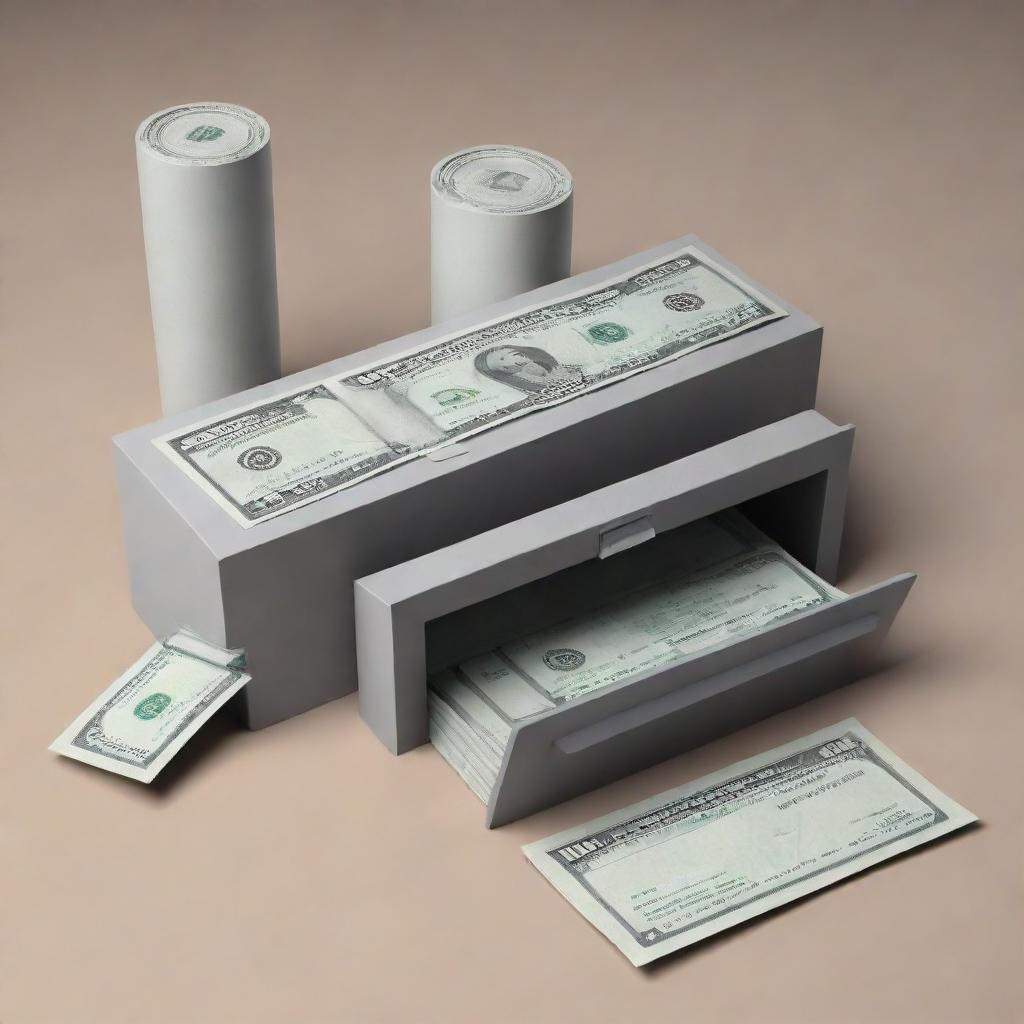 An illustration of a bank deposit scenario presenting a deposit slip, stacks of banknotes, and a secure bank vault