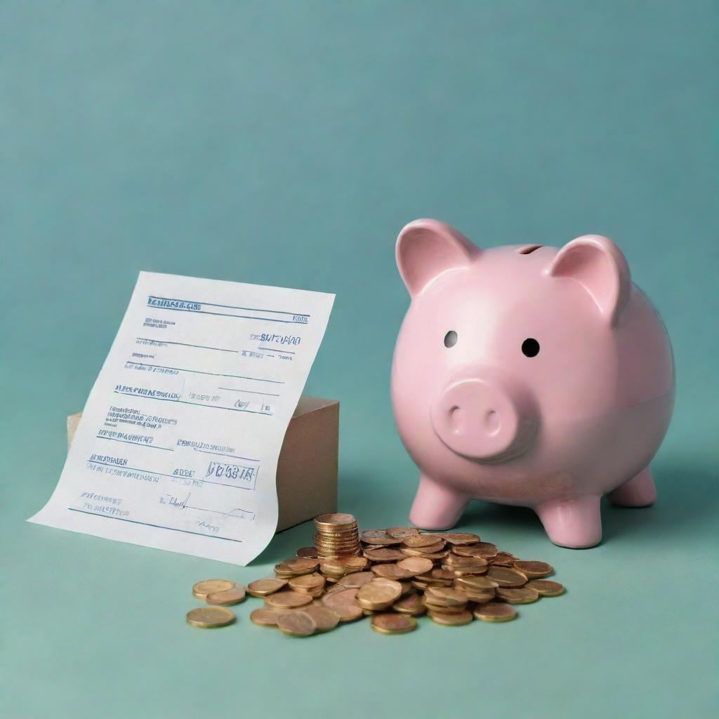 An illustration displaying the deposit of coins in a bank, with coins falling into a piggy bank, and a deposit slip next to it