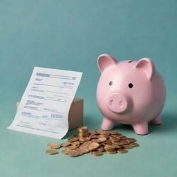 An illustration displaying the deposit of coins in a bank, with coins falling into a piggy bank, and a deposit slip next to it