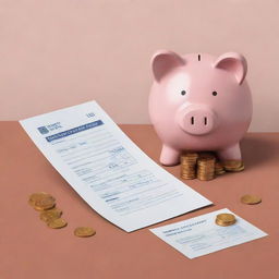 An illustration displaying the deposit of coins in a bank, with coins falling into a piggy bank, and a deposit slip next to it