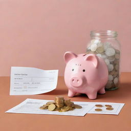 An illustration displaying the deposit of coins in a bank, with coins falling into a piggy bank, and a deposit slip next to it