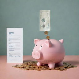 An illustration displaying the deposit of coins in a bank, with coins falling into a piggy bank, and a deposit slip next to it