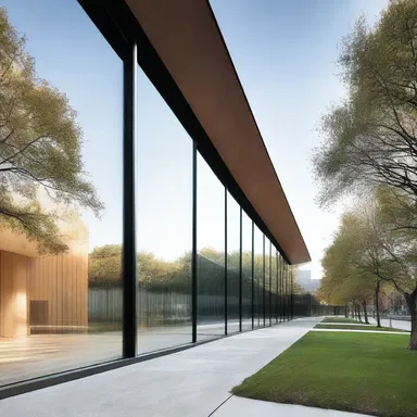 This ultramodern building features large glass panels that seem to vaporize into the sky, creating a seamless connection between the inside and outside.