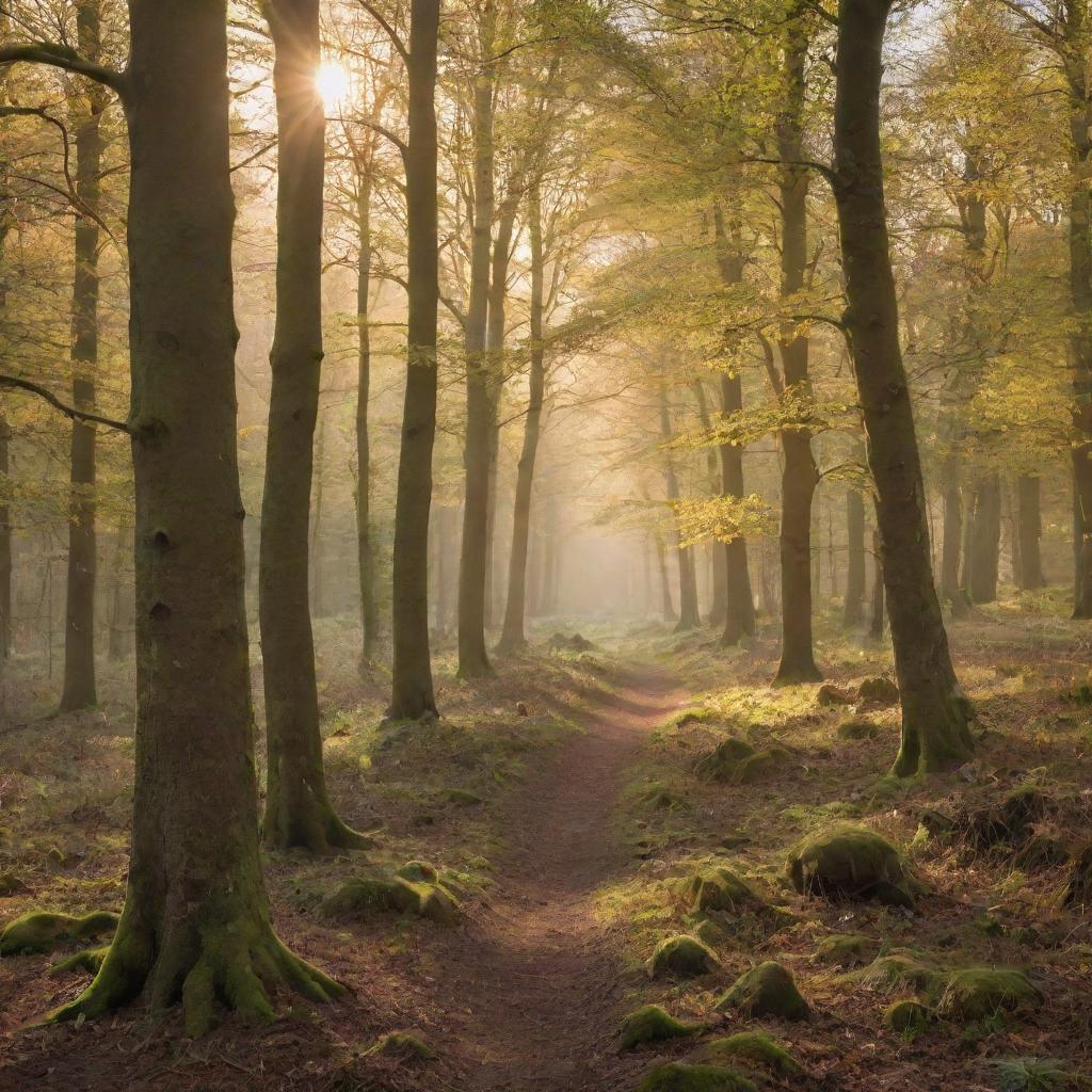 Generate an image of a beautiful, serene woodland with rich biodiversity, bathed in the soft light of a golden sunset.