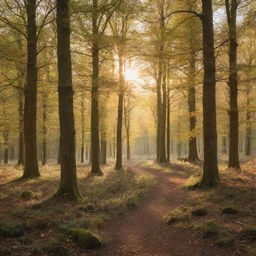 Generate an image of a beautiful, serene woodland with rich biodiversity, bathed in the soft light of a golden sunset.