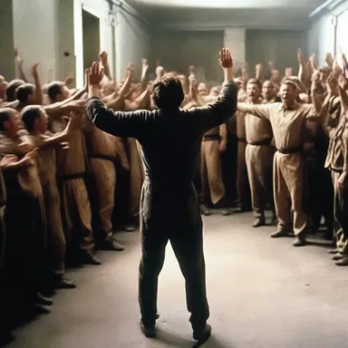 The closing scene of the film depicted the protagonist's triumphant egress from the prison, as the audience cheered.