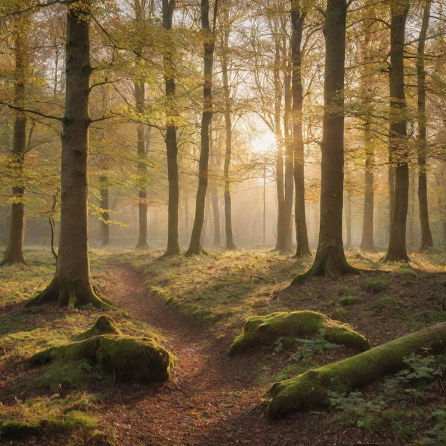 Generate an image of a beautiful, serene woodland with rich biodiversity, bathed in the soft light of a golden sunset.