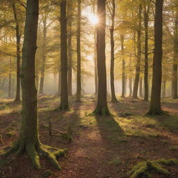 Generate an image of a beautiful, serene woodland with rich biodiversity, bathed in the soft light of a golden sunset.