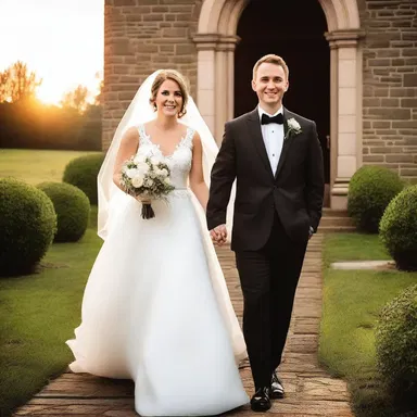As the sun set, the beautiful bride egressed from the church, radiating love and happiness.