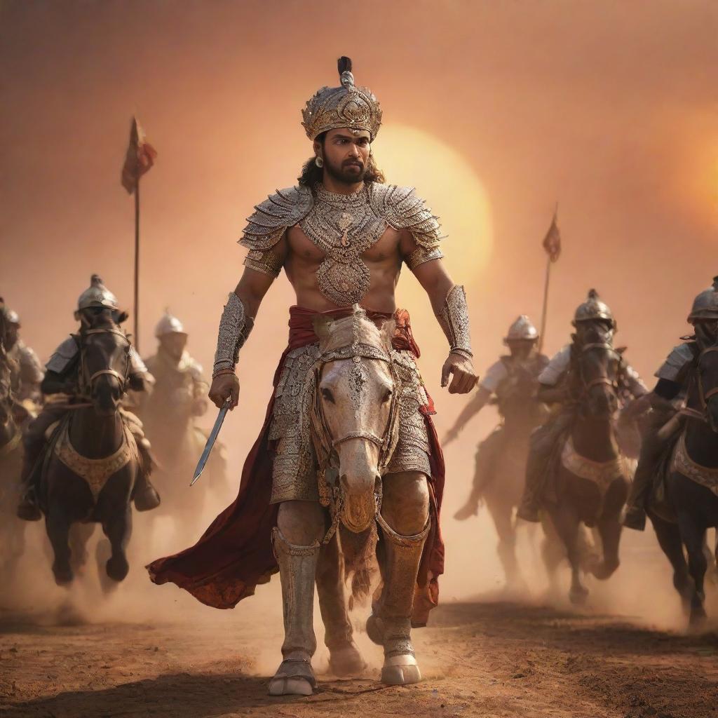 King Parth clad in majestic armor, bravely leading his soldiers into an epic, historic battle. Vibrant scene of bustling battleground under the fiery sunset.