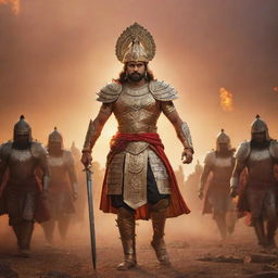 King Parth clad in majestic armor, bravely leading his soldiers into an epic, historic battle. Vibrant scene of bustling battleground under the fiery sunset.