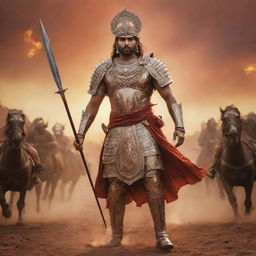 King Parth clad in majestic armor, bravely leading his soldiers into an epic, historic battle. Vibrant scene of bustling battleground under the fiery sunset.