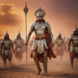 King Parth clad in majestic armor, bravely leading his soldiers into an epic, historic battle. Vibrant scene of bustling battleground under the fiery sunset.