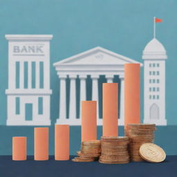 An illustration showing the rise in bank deposits over time, featuring ascending stacks of coins with percentages beside them, and the bank building in the background