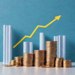 An illustration showing the rise in bank deposits over time, featuring ascending stacks of coins with percentages beside them, and the bank building in the background