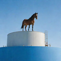 A majestic horse standing on top of a large water tank under a clear sky.