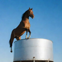 A majestic horse standing on top of a large water tank under a clear sky.