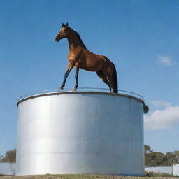 A majestic horse standing on top of a large water tank under a clear sky.