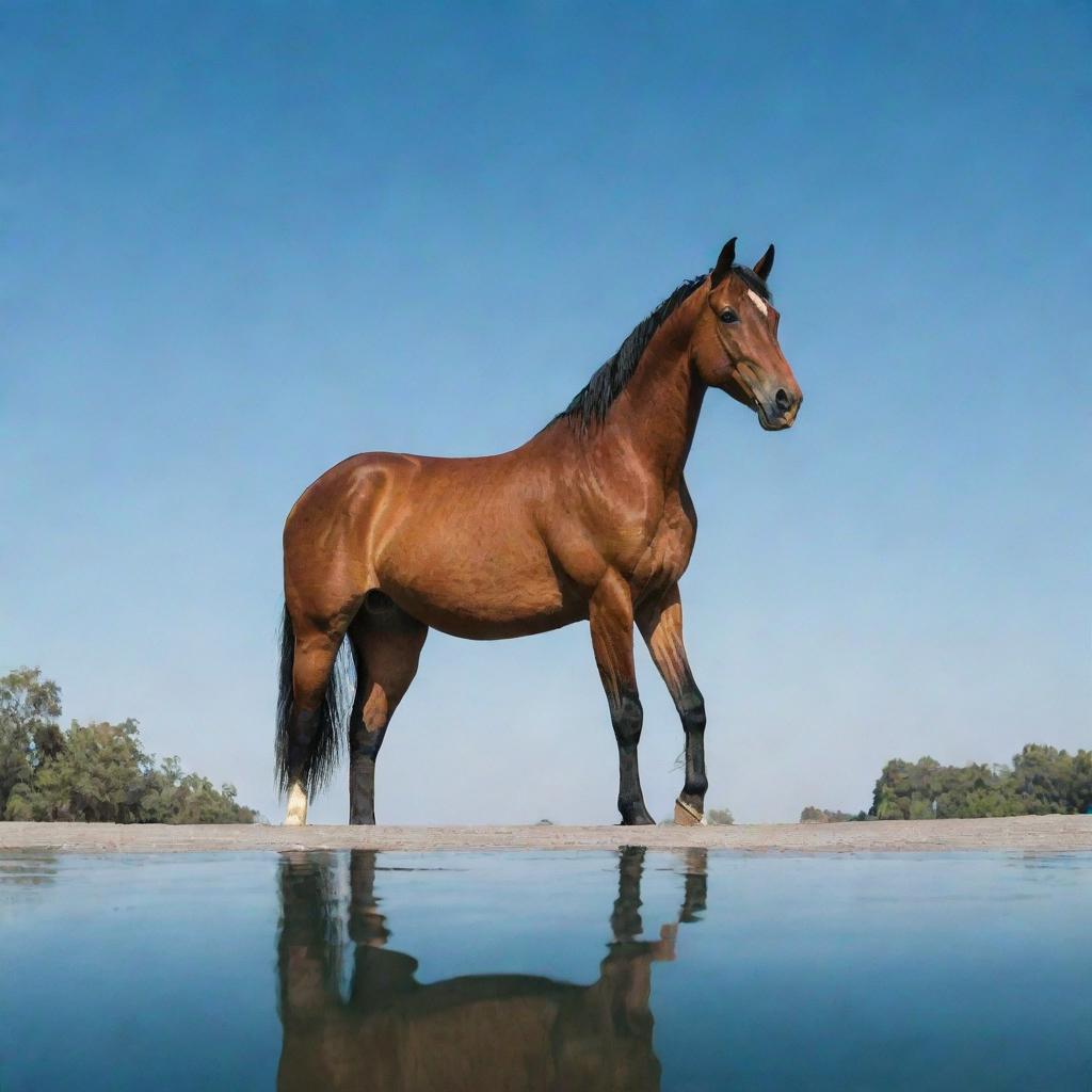 A majestic horse standing on top of a large water tank under a clear sky.