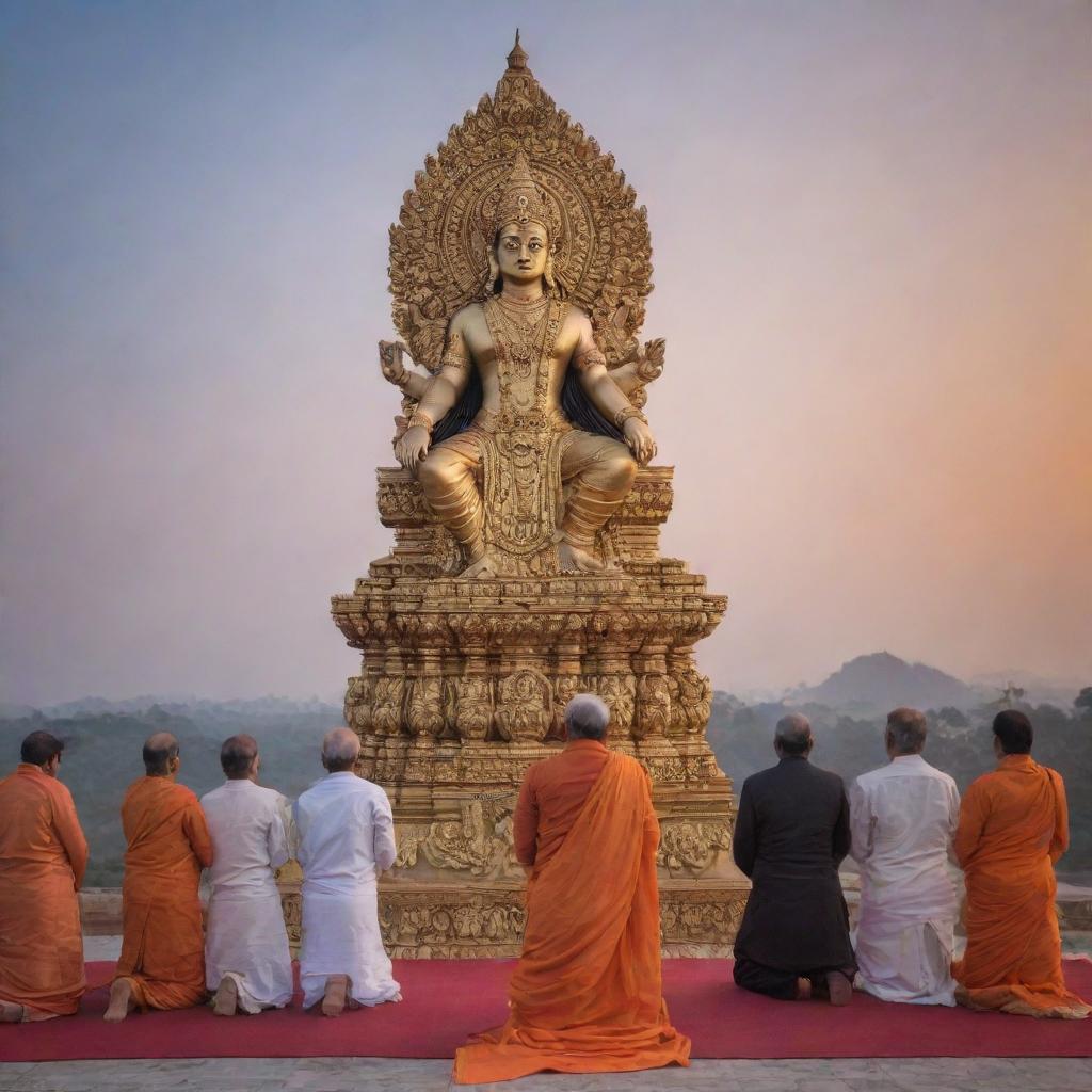 Current world leaders, including Prime Ministers and Presidents, kneeling in reverence to an imposing, majestic statue of Lord Ram, symbolizing respect and devotion, set against a serene, dusk-lit sky