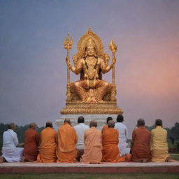 Current world leaders, including Prime Ministers and Presidents, kneeling in reverence to an imposing, majestic statue of Lord Ram, symbolizing respect and devotion, set against a serene, dusk-lit sky