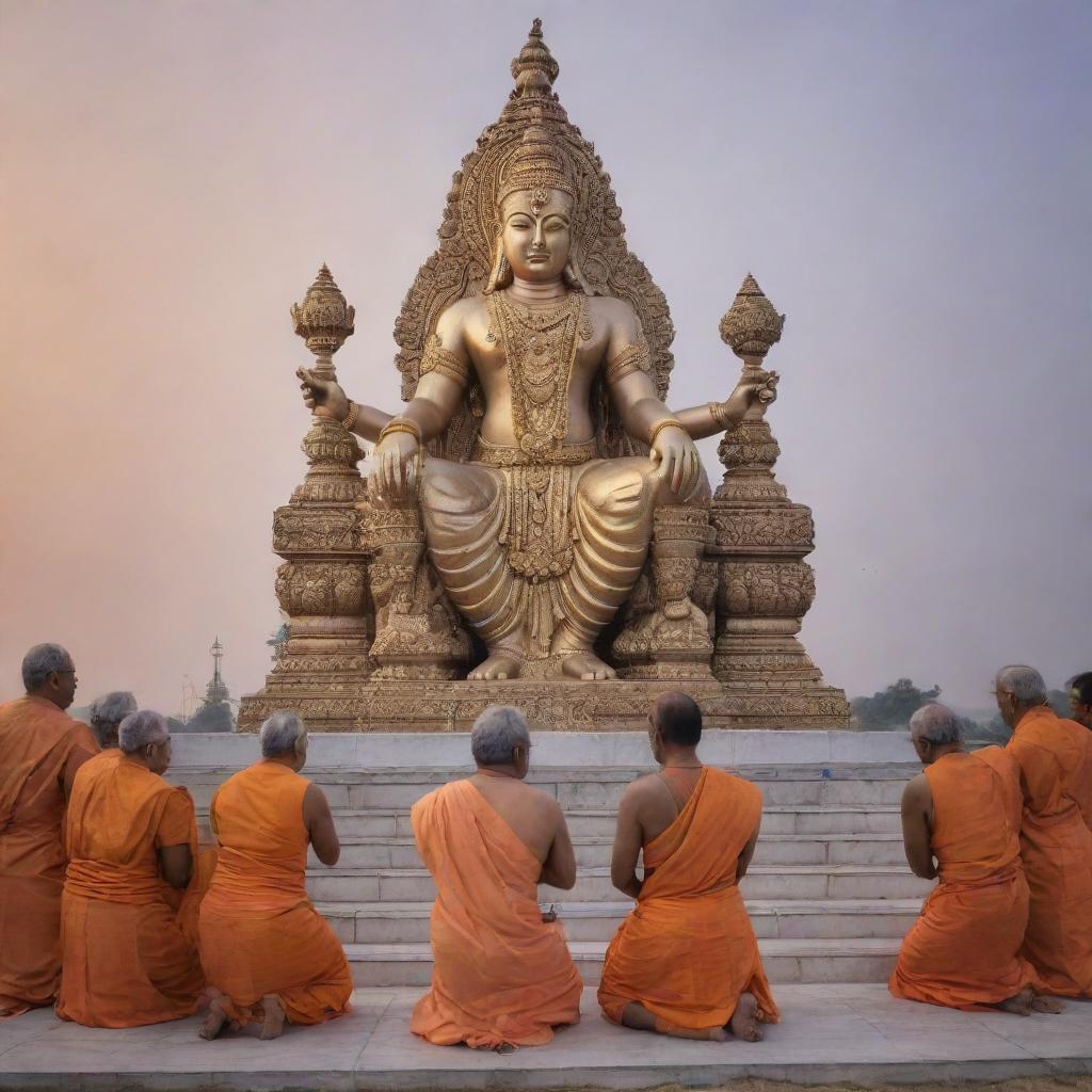 Current world leaders, including Prime Ministers and Presidents, kneeling in reverence to an imposing, majestic statue of Lord Ram, symbolizing respect and devotion, set against a serene, dusk-lit sky