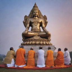 Current world leaders, including Prime Ministers and Presidents, kneeling in reverence to an imposing, majestic statue of Lord Ram, symbolizing respect and devotion, set against a serene, dusk-lit sky