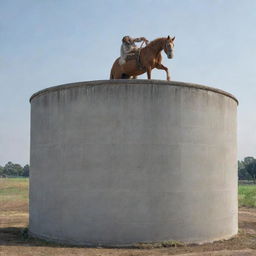 A graceful horse standing atop a large, cemented water tank.