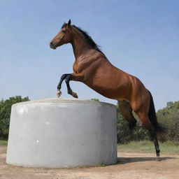 A graceful horse standing atop a large, cemented water tank.