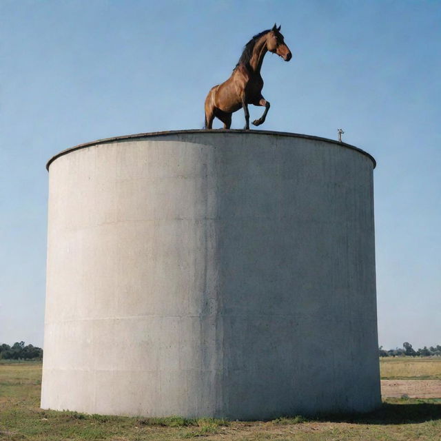 A graceful horse standing atop a large, cemented water tank.