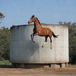 A graceful horse standing atop a large, cemented water tank.