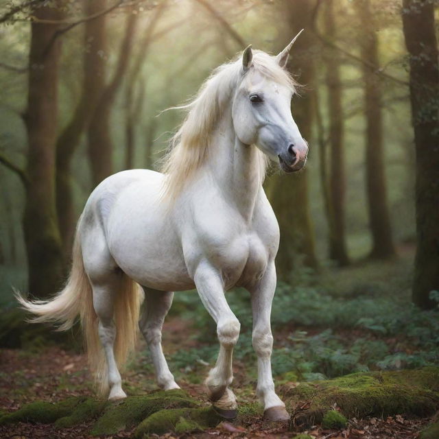 A majestic unicorn with a glimmering horn and a flowing mane set against an enchanted woodland backdrop.