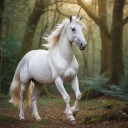 A majestic unicorn with a glimmering horn and a flowing mane set against an enchanted woodland backdrop.