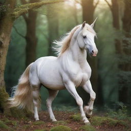 A majestic unicorn with a glimmering horn and a flowing mane set against an enchanted woodland backdrop.