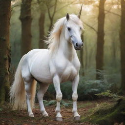 A majestic unicorn with a glimmering horn and a flowing mane set against an enchanted woodland backdrop.