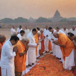 World leaders, including current Prime Ministers and Presidents, devoutly praying to Lord Ram at the historical Ayodhya site, under a sky softly lit by the setting sun